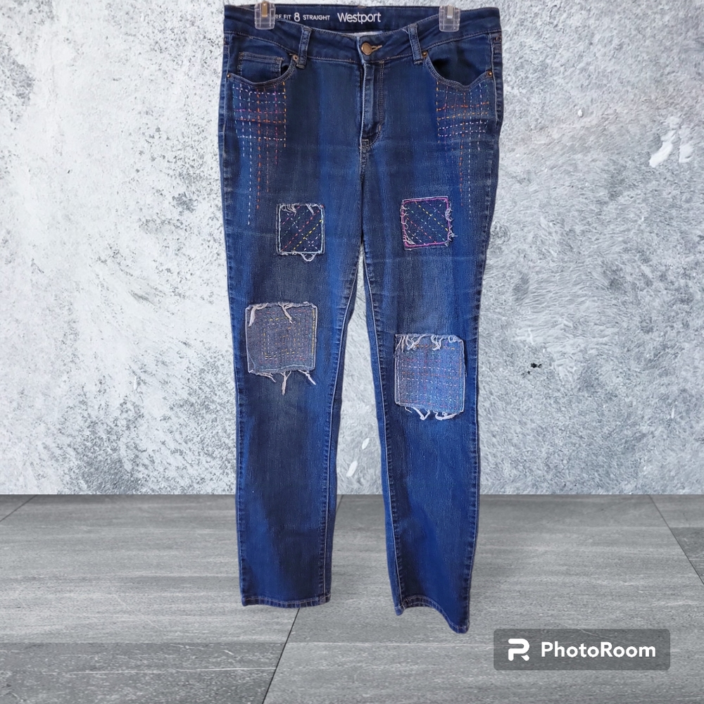 HAND CRAFTED Jeans UPCYCLED Blue Denim Embroidery Applique Size 8
